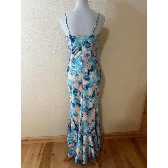 Liv Foster Womens US 4 Blue Pink Floral Abstract Ruffle V Neck Satin Maxi Dress - Picture 5 of 7